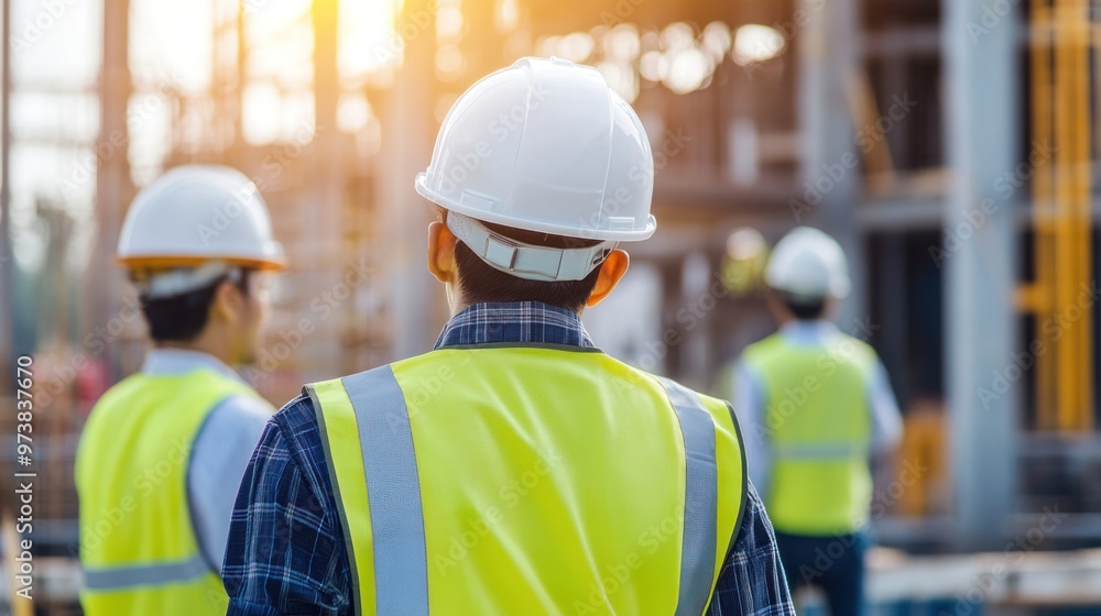Construction workers on a busy building site, wearing safety gear and hard hats Construction workers on a busy building site, wearing safety gear and hard hats