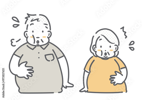 お腹を気にするシニア夫婦　シンプルでお洒落な線画イラスト