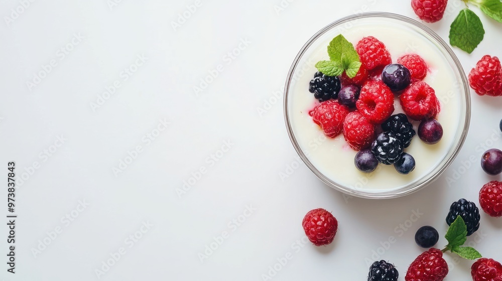 A bowl of yogurt topped with mixed berries and mint leaves on a white background. A bowl of yogurt topped with mixed berries and mint leaves on a white background.