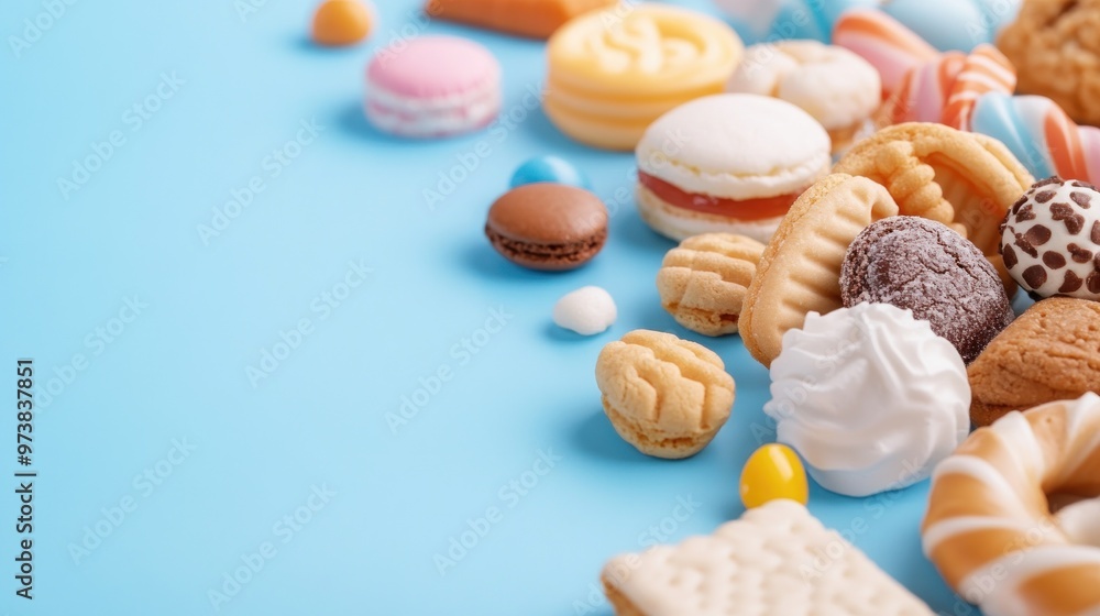 Sugary snack table filled with processed treats like packaged pastries, cookies, and artificially flavored candy. Sugary snack table filled with processed treats like packaged pastries, cookies, and artificially flavored candy.