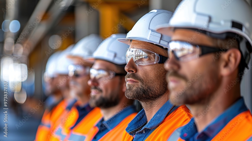 A diverse team of construction workers, wearing white hard hats and orange safety vests, standing in a row with their hands on the shoulders of one another. The background is blurred. A diverse team of construction workers, wearing white hard hats and orange safety vests, standing in a row with their hands on the shoulders of one another. The background is blurred.