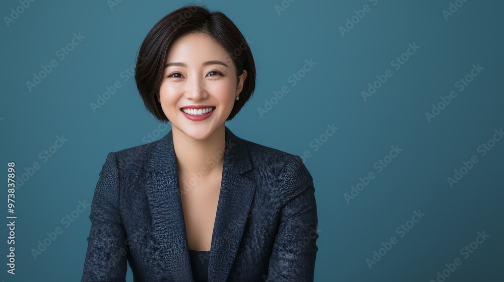 Smiling businesswoman in a suit against a blue background. Smiling businesswoman in a suit against a blue background.