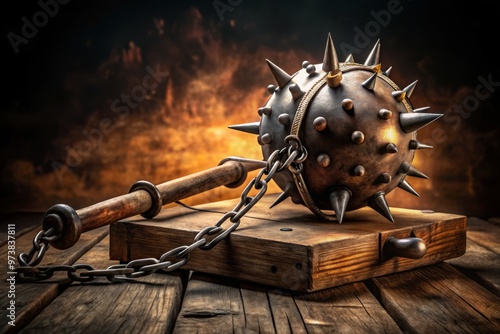 A medieval-style wooden contraption with metal pincers and a spiked sphere, ominously lit, evoking a sense of dark,