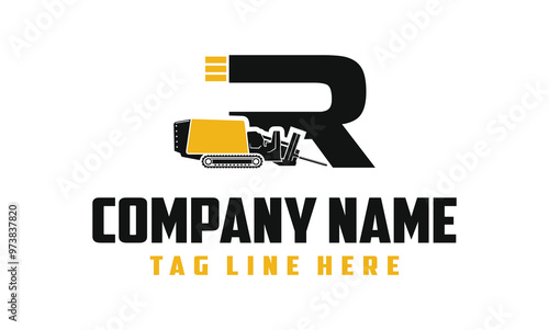 Letter R Machine Fiber Optic underground horizontal drilling laying machine logo design excavator heavy equipment . logo desain .