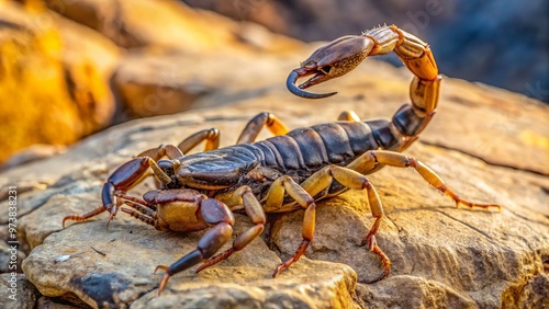 A menacing Deathstalker scorpion, also known as Leiurus quinquestriatus, is perched atop a rocky outcropping, its photo