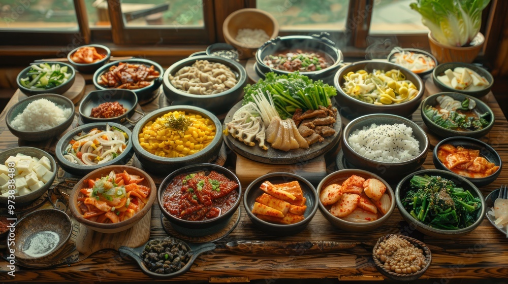 Korean foods served on a dining table. Perfect for photo illustration, article, or any cooking contents. Korean foods served on a dining table. Perfect for photo illustration, article, or any cooking contents.