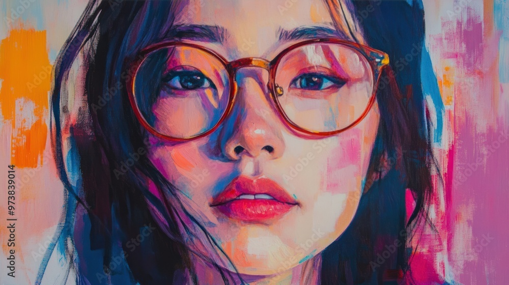 Contemporary portrait of an Asian woman with glasses, expressing minimalism Contemporary portrait of an Asian woman with glasses, expressing minimalism
