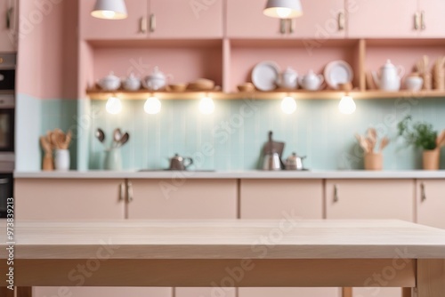 Modern kitchen interior featuring stylish furniture and a sleek design with pastel wooden elements and glass accents in a light-filled room