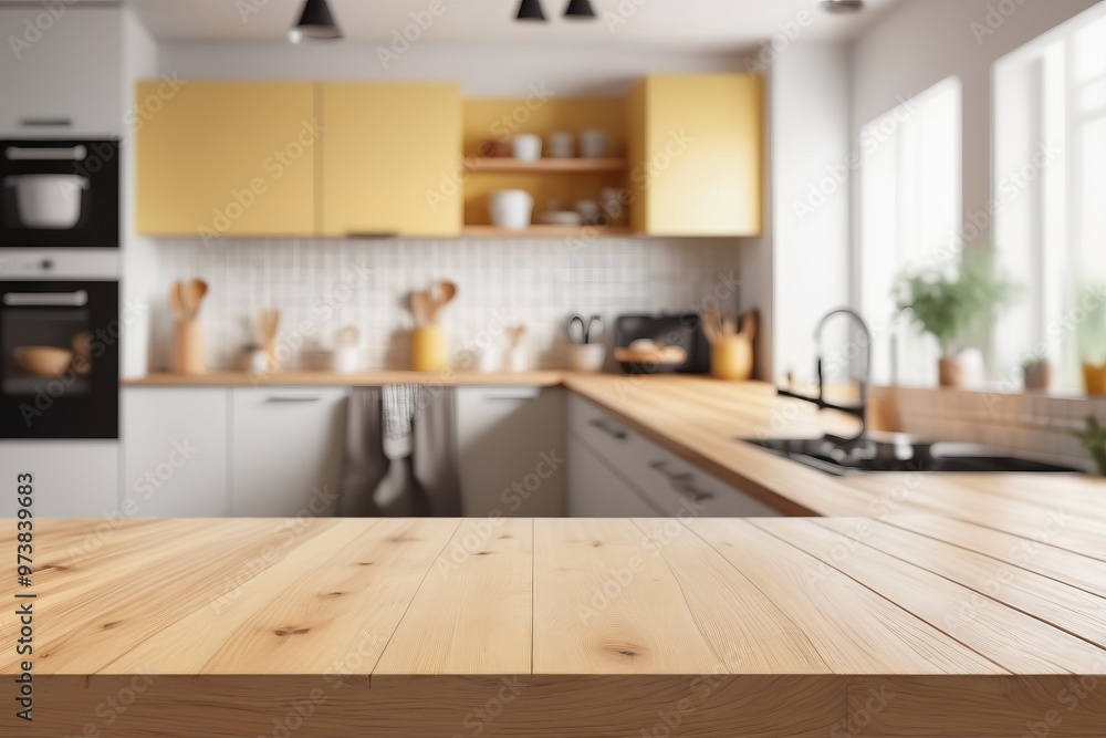 Modern kitchen interior featuring stylish furniture and a sleek design with yellow wooden elements and glass accents in a light-filled room Modern kitchen interior featuring stylish furniture and a sleek design with yellow wooden elements and glass accents in a light-filled room