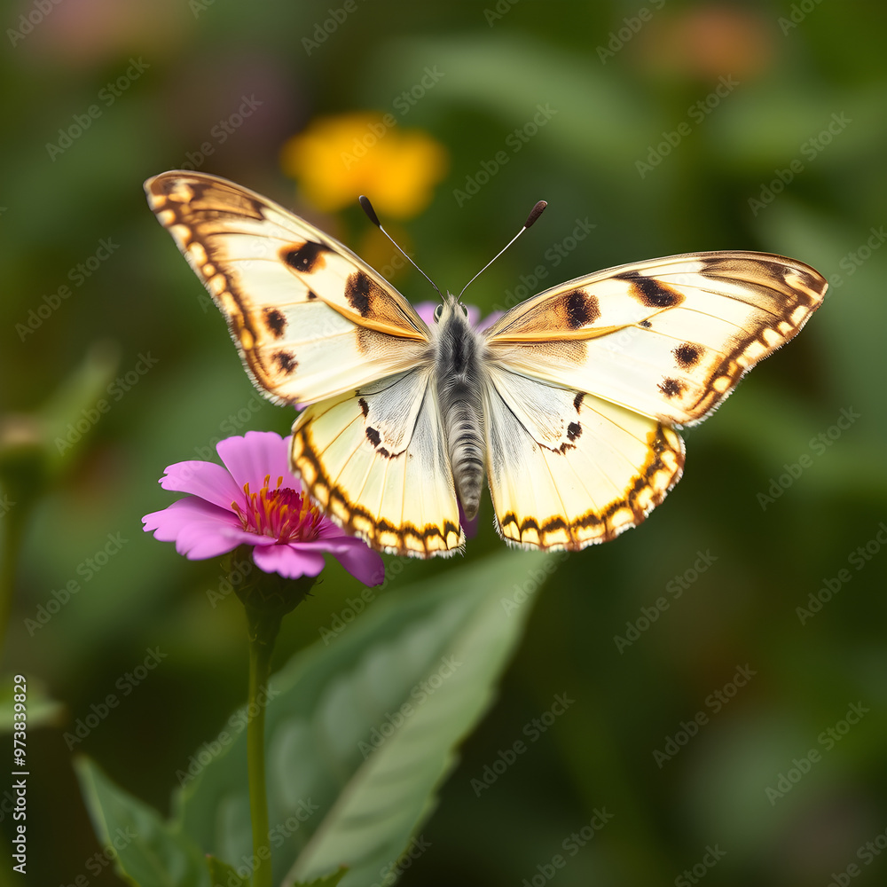 Una linda mariposa amarilla con motas negras en medio de la hierba fresca Una linda mariposa amarilla con motas negras en medio de la hierba fresca