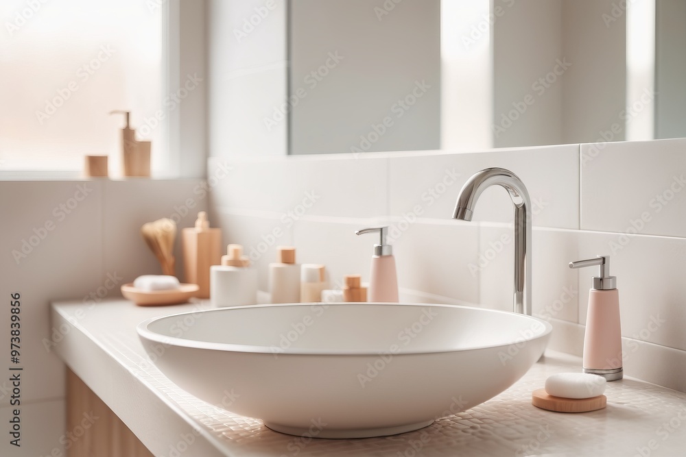Modern sink and faucet in a stylish bathroom with contemporary design elements and clean lines, featuring a mirror, cabinets, and luxury touches for a sophisticated home atmosphere Modern sink and faucet in a stylish bathroom with contemporary design elements and clean lines, featuring a mirror, cabinets, and luxury touches for a sophisticated home atmosphere