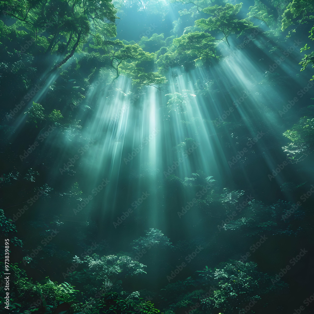 Obraz premium Forest Light Rays Through Canopy Photo