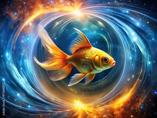 A mesmerizing futuristic aquarium scene featuring a glowing golden fish swimming amidst a swirling vortex of cosmic photo