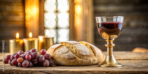 Hallowed wine and bread glow in the sanctuary's gentle light, summoning worshipers to partake in a timeless ritual