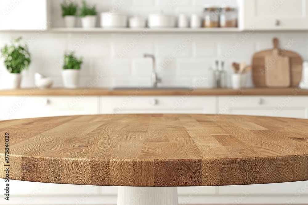 Empty beautiful round wood tabletop counter on interior in clean and bright kitchen background, Ready for display, Banner, for product montage , ai Empty beautiful round wood tabletop counter on interior in clean and bright kitchen background, Ready for display, Banner, for product montage , ai