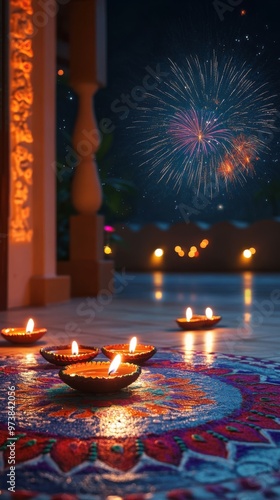 Colorful rangoli with lit diyas at the entrance of a traditional Indian home, with distant fireworks lighting up the night sky. Copy space, Indian traditional festival happy Diwali background photo