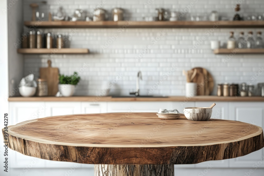 Empty beautiful round wood tabletop counter on interior in clean and bright kitchen background, Ready for display, Banner, for product montage , ai Empty beautiful round wood tabletop counter on interior in clean and bright kitchen background, Ready for display, Banner, for product montage , ai