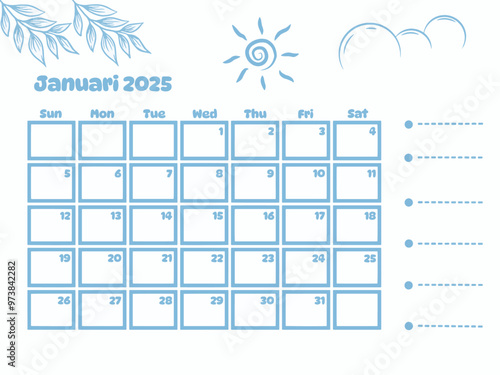 Calendar Planner January 2025 with blue line and floral, cloud, sun