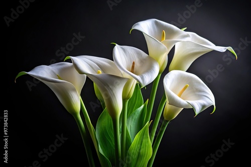 Elegance of white calla lilies against a midnight canvas