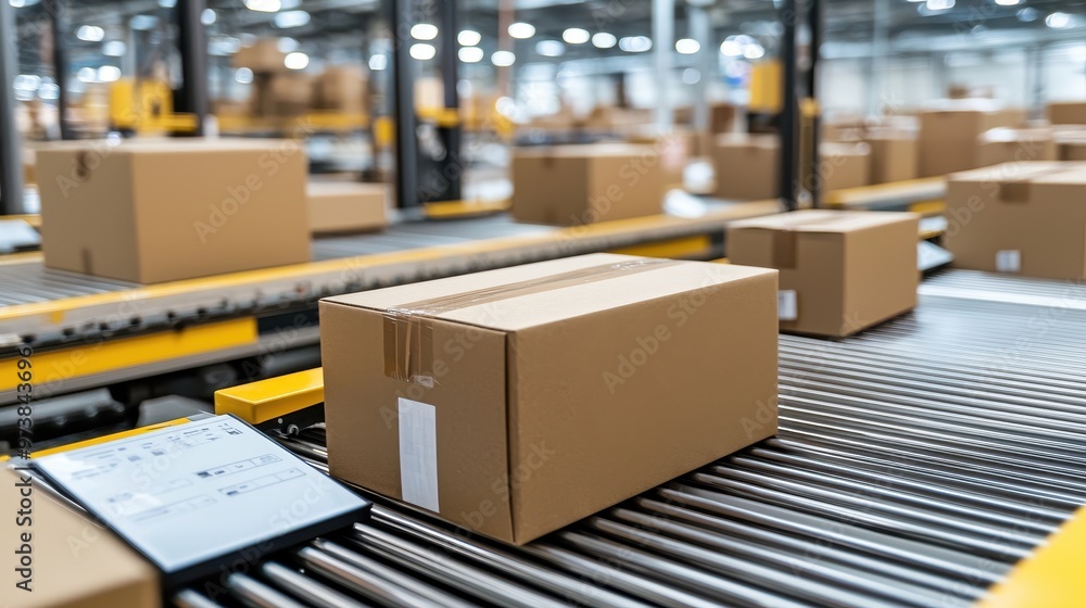 Cardboard Boxes on Conveyor Belt in Warehouse Cardboard Boxes on Conveyor Belt in Warehouse