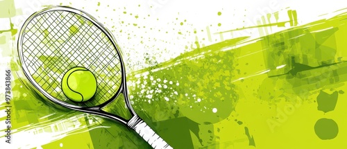 Abstract Tennis Racquet and Ball Design with Green Splashes
