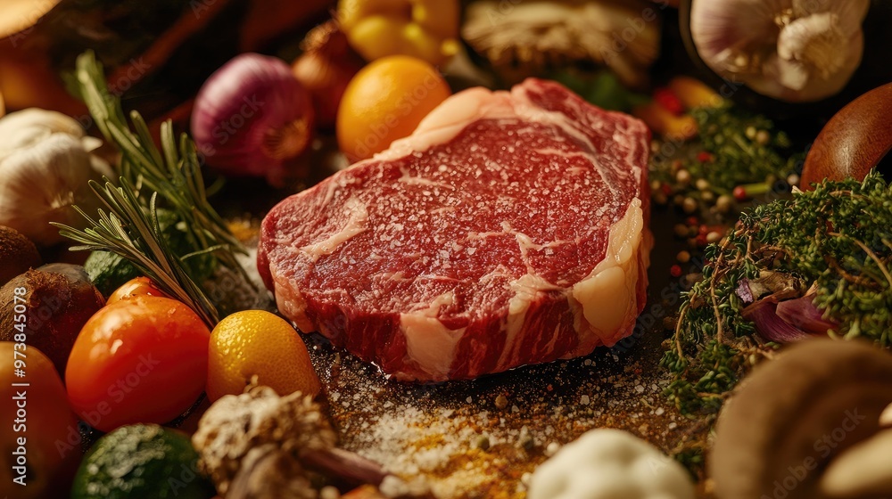 A close-up of a marbled steak, surrounded by colorful vegetables and spices. A close-up of a marbled steak, surrounded by colorful vegetables and spices.