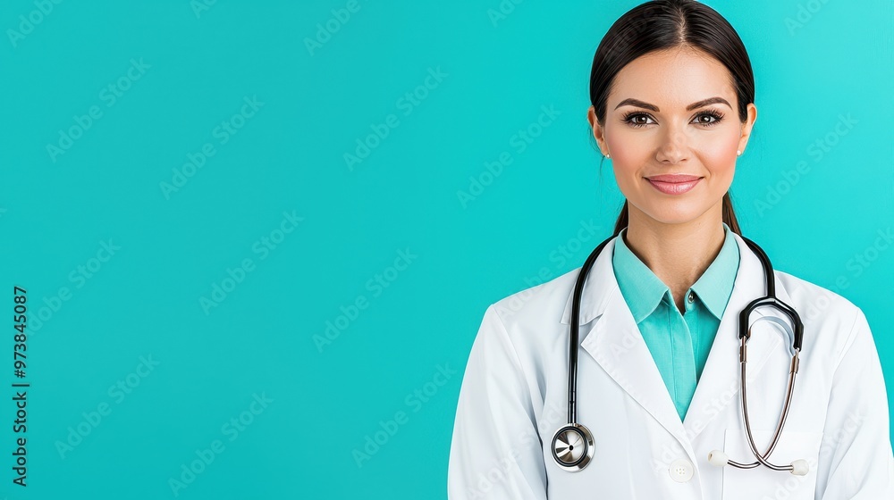 Smiling Female Doctor with Stethoscope on Blue Background Smiling Female Doctor with Stethoscope on Blue Background