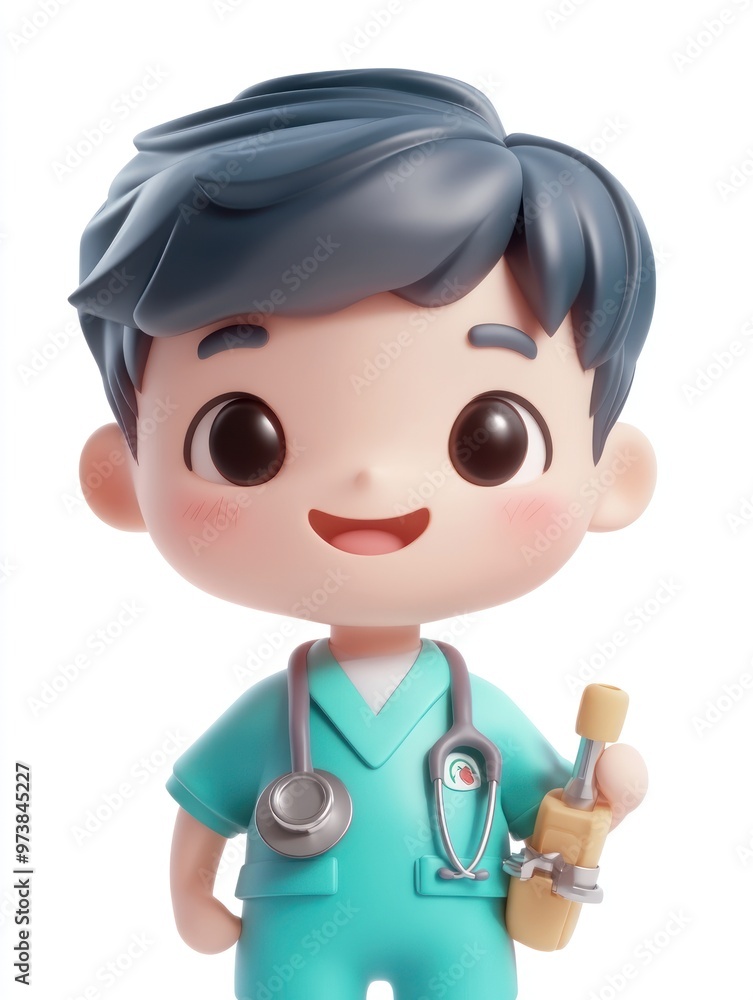 A cheerful cartoon character in medical scrubs holding a stethoscope and a syringe.