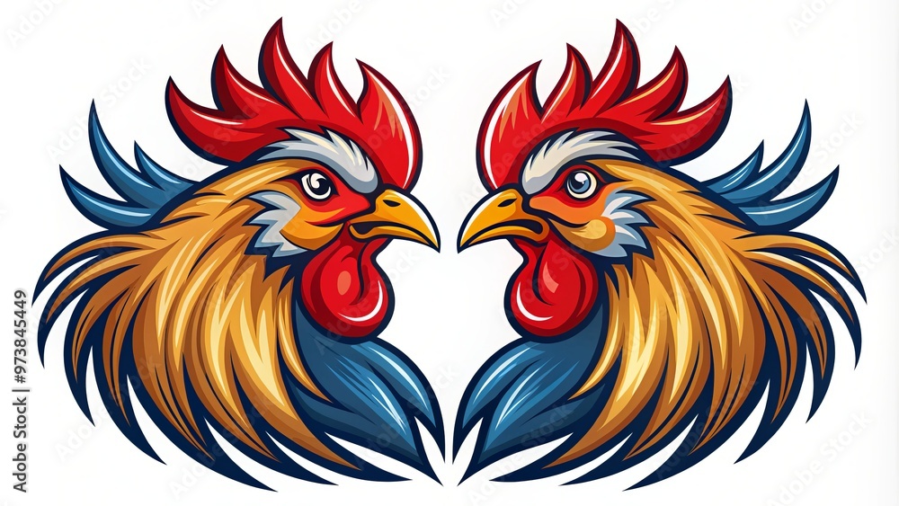 Fototapeta premium Logo with two roosters facing each other, one larger than the other, both with stylized feathers and crowing