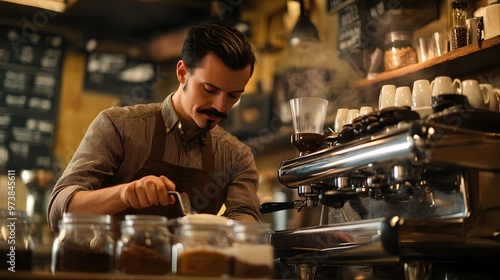 A skilled barista with a neat mustache is expertly brewing coffee using a shiny espresso machine