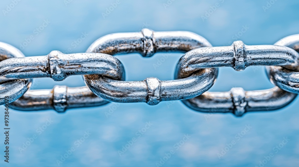 Close Up of Metal Chain Links Against Blue Sky Close Up of Metal Chain Links Against Blue Sky