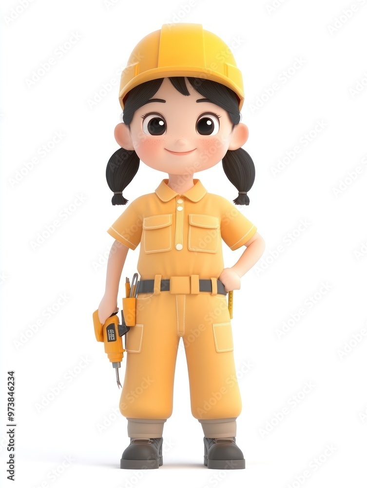 A cheerful cartoon girl in a yellow construction outfit, holding a tool, symbolizing industriousness. A cheerful cartoon girl in a yellow construction outfit, holding a tool, symbolizing industriousness.