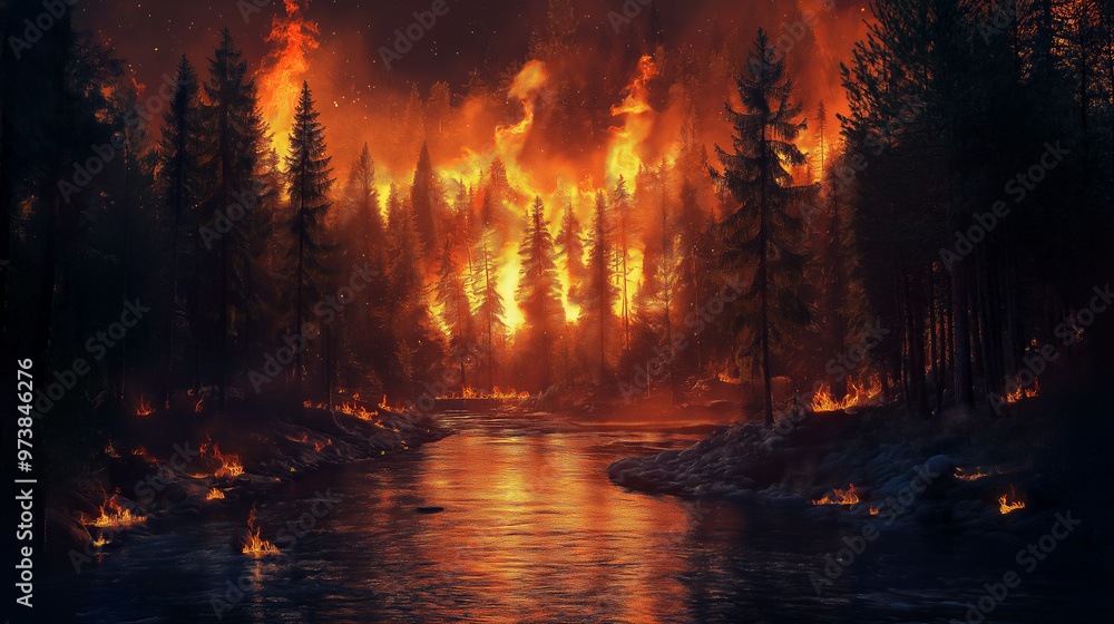 Dramatic Nighttime Forest Fire Raging Through Trees, Intense Flames Reflecting on Water in Wildfire Scene Dramatic Nighttime Forest Fire Raging Through Trees, Intense Flames Reflecting on Water in Wildfire Scene