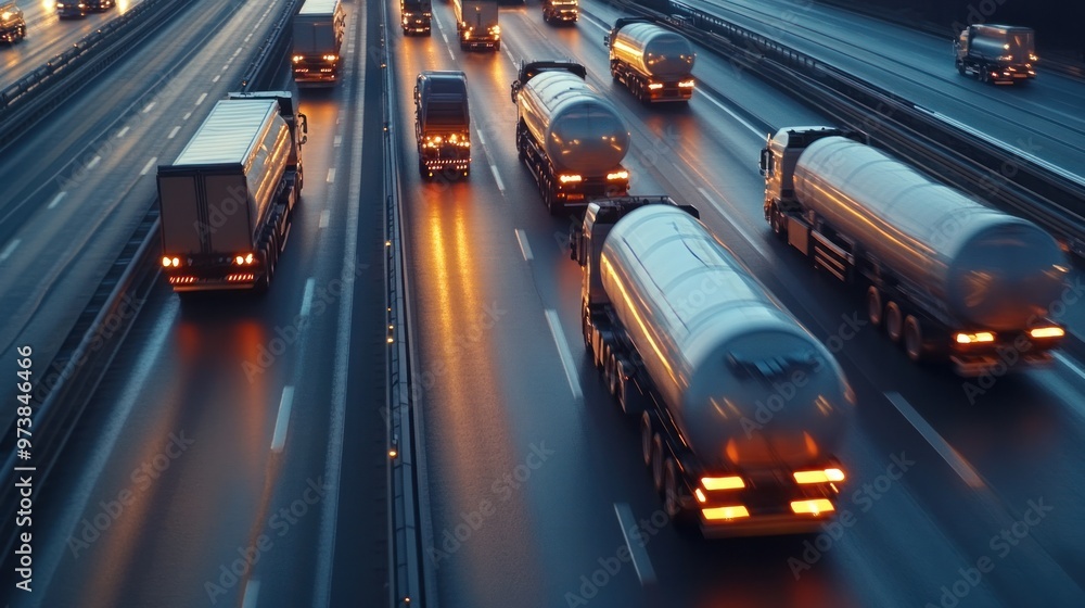 Fuel truck convoy on a highway, ensuring continuous fuel supply Fuel truck convoy on a highway, ensuring continuous fuel supply