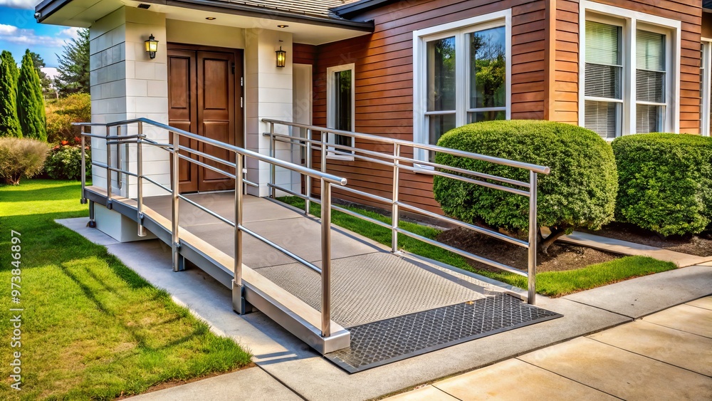 Metal wheelchair ramp enables individuals with disabilities to access a home's entrance with ease, providing a safe and