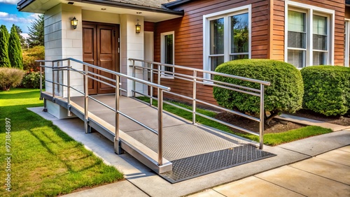 Metal wheelchair ramp enables individuals with disabilities to access a home's entrance with ease, providing a safe and