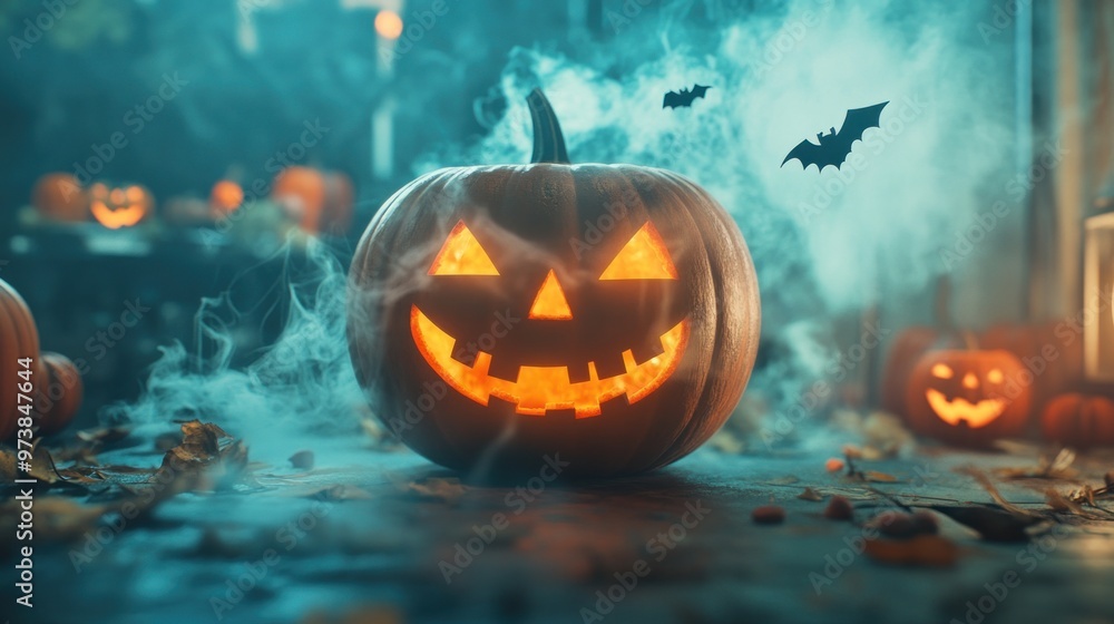 Naklejka premium Spooky Smiling Pumpkin Among Bats