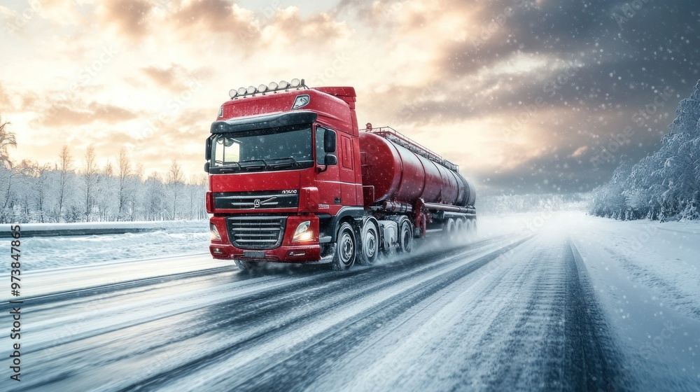 Obraz premium Fuel truck in extreme weather conditions, showcasing resilience and safety measures