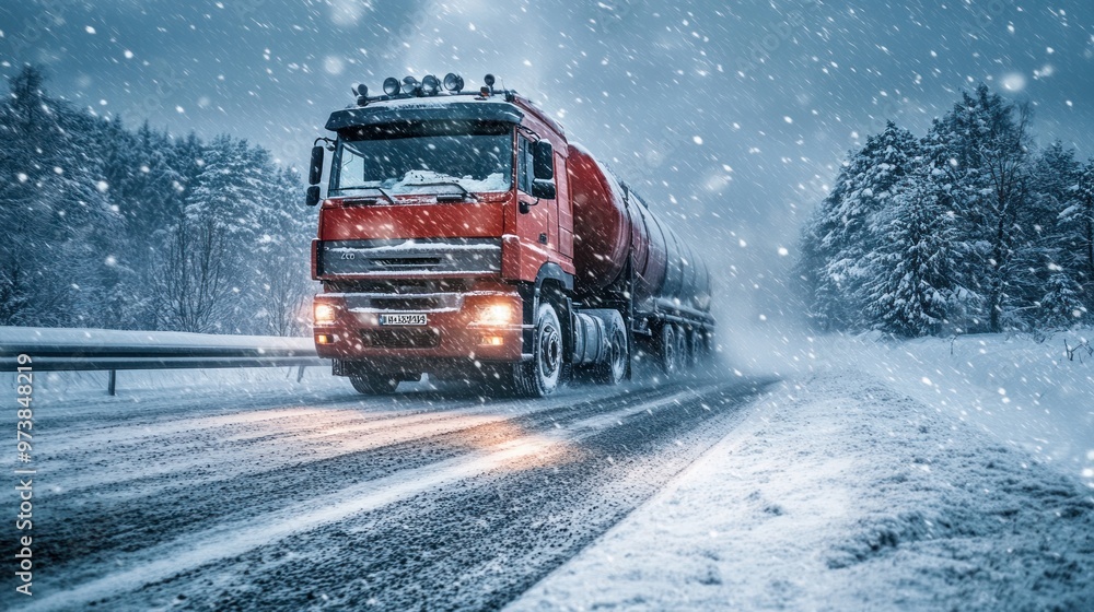 Fuel truck in extreme weather conditions, showcasing resilience and safety measures Fuel truck in extreme weather conditions, showcasing resilience and safety measures