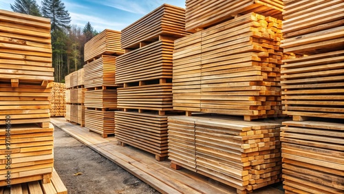 Piled outside, stacks of rough-cut wooden boards stand sentry, their rugged, unfinished surfaces waiting to be