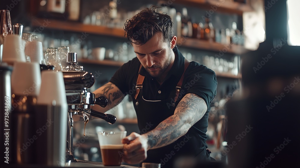 An elegant barista wearing a classic apron carefully pouring freshly ground coffee into a French press An elegant barista wearing a classic apron carefully pouring freshly ground coffee into a French press