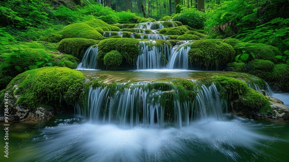 Tranquil cascading waterfall in a lush green forest. Tranquil cascading waterfall in a lush green forest.