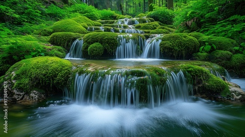 Tranquil cascading waterfall in a lush green forest.