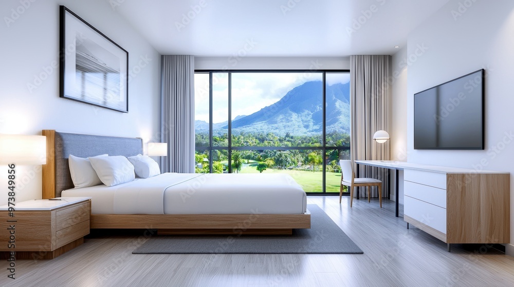 Fototapeta premium Modern Bedroom with Mountain View
