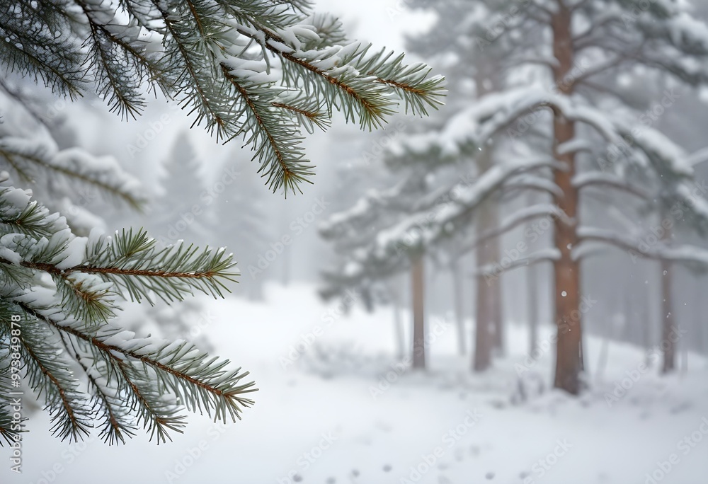 A snowy winter landscape with blurred pine tree branches in the foreground and a soft, hazy background with falling snowflakes. A snowy winter landscape with blurred pine tree branches in the foreground and a soft, hazy background with falling snowflakes.