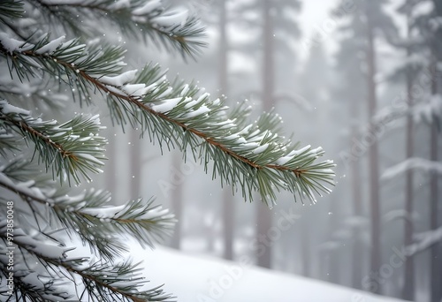 A snowy winter landscape with blurred pine tree branches in the foreground and a soft, hazy background with falling snowflakes.