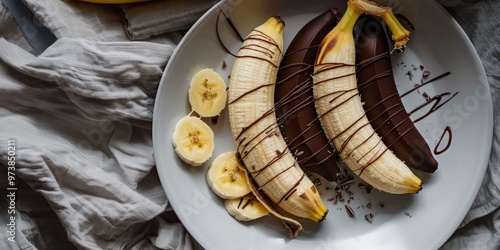 Chocolate-Covered Banana Slices on a Light Background with a Soft Textile Undersurface photo