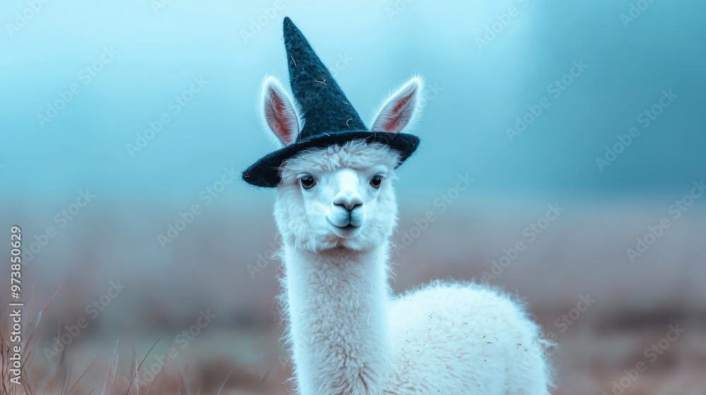 Obraz premium Cute Alpaca Wearing a Witch Hat