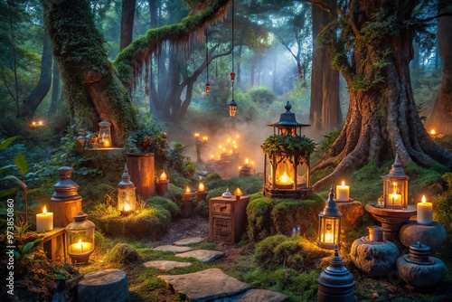 A mystical forest scene at twilight, lit by candles and lanterns, surrounded by ancient ritual artifacts, Nature's