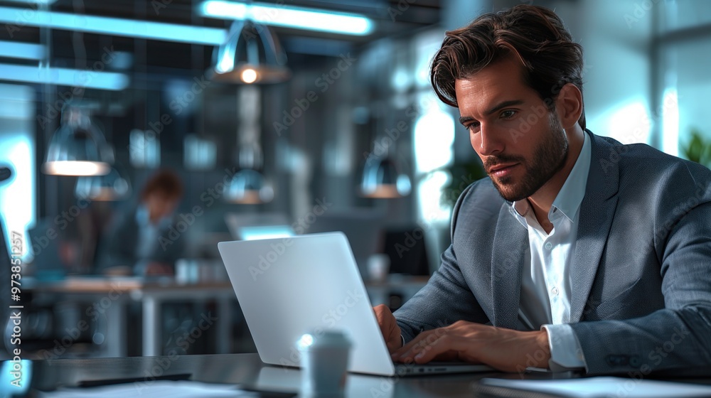 A businessman working on a laptop in a modern office with state-of-the-art equipment and an organized workspace. A businessman working on a laptop in a modern office with state-of-the-art equipment and an organized workspace.